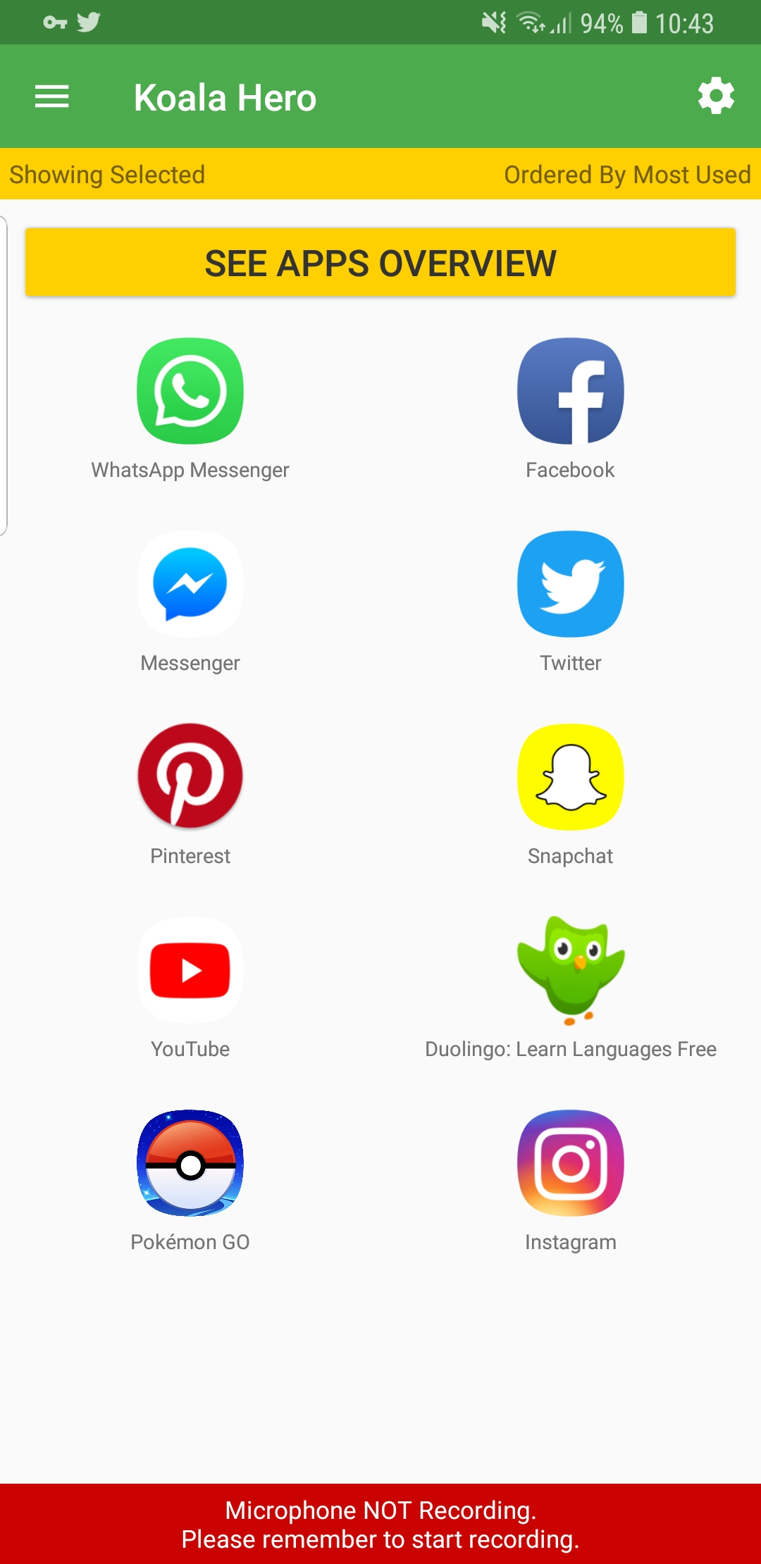 koala hero overview of recently used top 10 apps